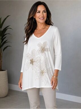 Soma Pima Cotton V-Neck Floral Embellished Tunic Blouse